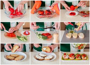 A Step by Step Collage of Making Roasted Red Sweet Pepper Cucumber and Feta Bruschetta
