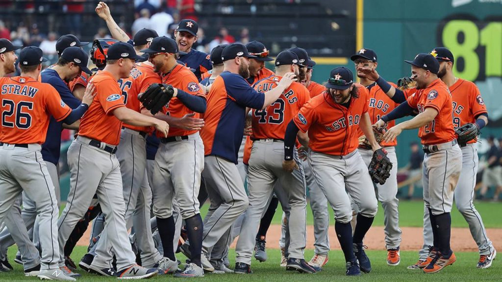 The Houston Astros celebrating defeating the Cleveland Indians 11-3 in Game Three of the American League Division Series to advance to the American League Championship Series at Progressive Field on October 8, 2018 in Cleveland, Ohio. Click2houston.com