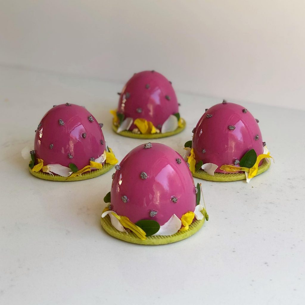 LAS TUNAS. Prickly pear mousse+watermelon/lime confit+prickly pear-ruby ganache on a pasilla pepper chocolate cake, with cactus sable dark chocolate granite.